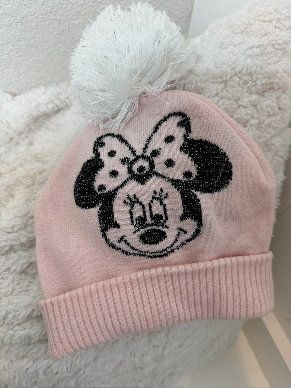 Disney Pink Knit Pom-Pom Beanie with Minnie Face